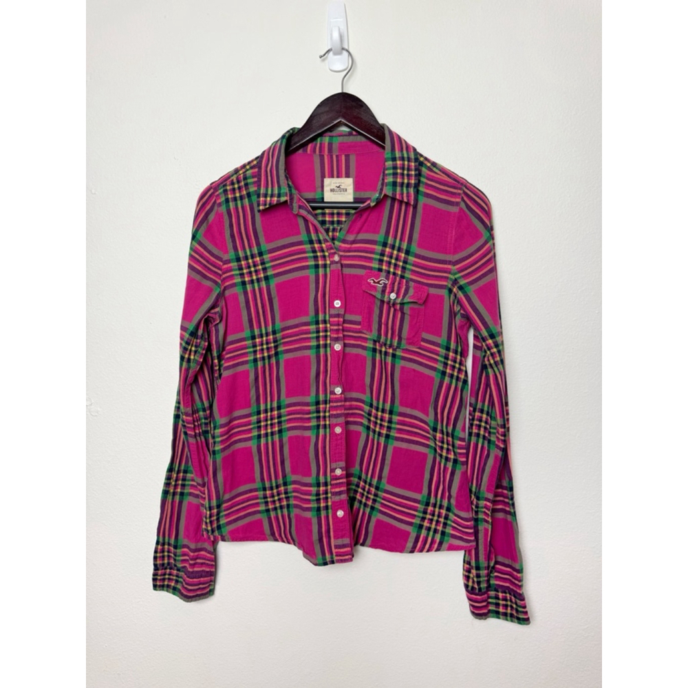 Hollister Women’s Y2K Button Down Pink Plaid Top Large Preppy Vintage Grunge